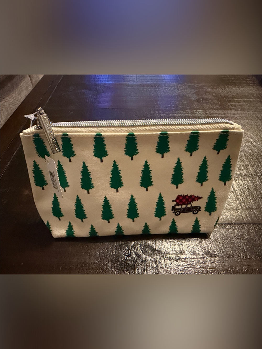 Canvas Tree Print Zip Pouch - Beige/Green